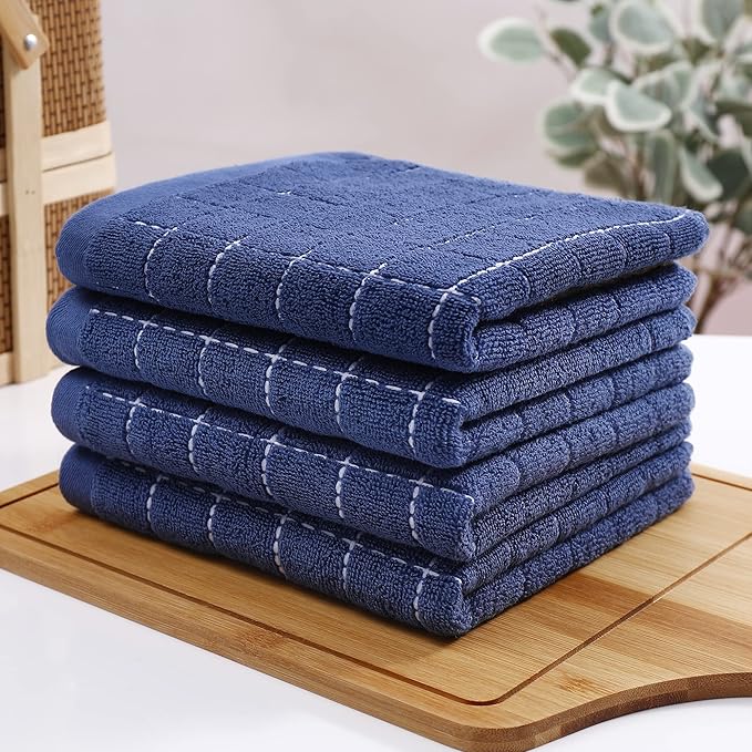 Homaxy 100% Cotton Terry Kitchen Towels(Navy Blue, 13 x 28 inches), Checkered Designed, Soft and Super Absorbent Dish Towels, 12 Pack