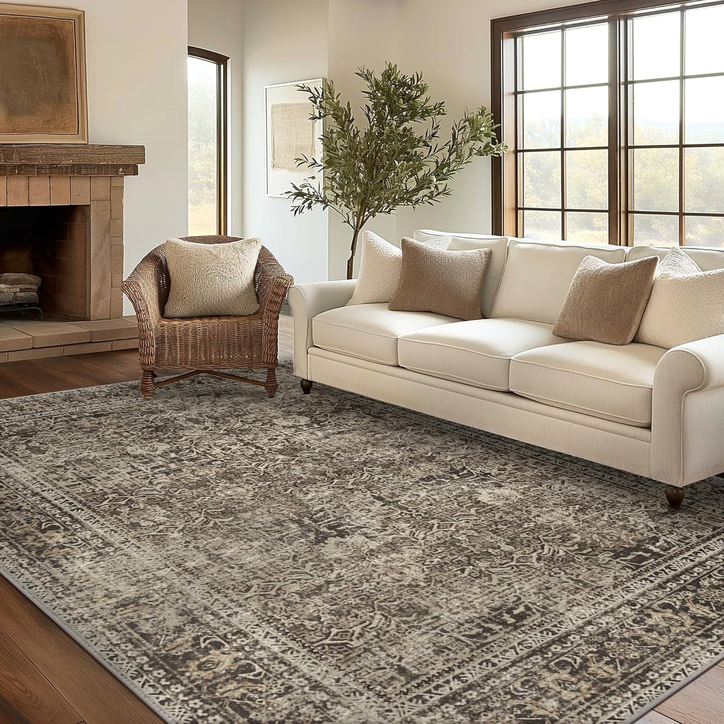 Area Rugs 6x9 for Living Room Bedroom, Vintage Machine Washable Stain Resistant Rug, Large Soft Low Pile Sage Charcoal Foor Mat with Non Slip Backing for Dining Room