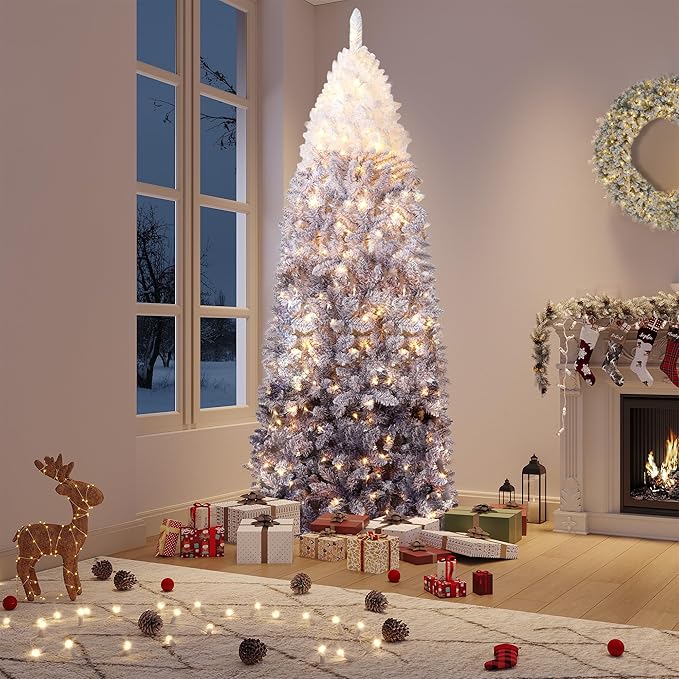 GarveeHome 7.5ft Snow Flocked Pencil Christmas Tree, Slim Artificial Christmas Tree with Sturdy Metal Stand, Skinny Xmas Tree Holiday Decoration for Home, Office, Purple Gradient