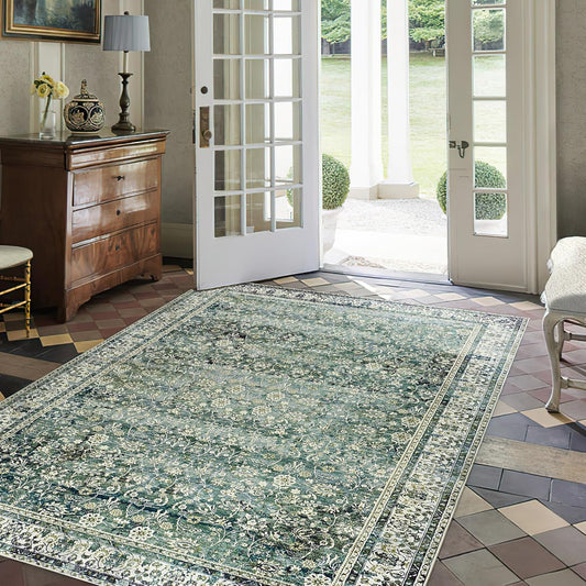 Dark Green Boho Front Door Mat for Indoor Entrance Washable Non Slip Cute Vintage Floral Aesthetic Area Rugs for Entryway Entry 4x6