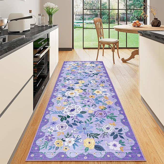 DUKINO Runner Rug, 2x10 Kitchen Hallway Carpet, Washable with Non-Slip Backing, Low Pile Soft Boho Floral for Entryway, Laundry, Bedroom, Purple