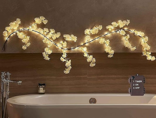 LITBLOOM Cherry Blossom Garland with Lights Battery Operated with Timer 96 Fairy Lights 6FT, Lighted White Flower Garland for Mantle Fireplace Wedding Party Spring Decoration Indoor Outdoor