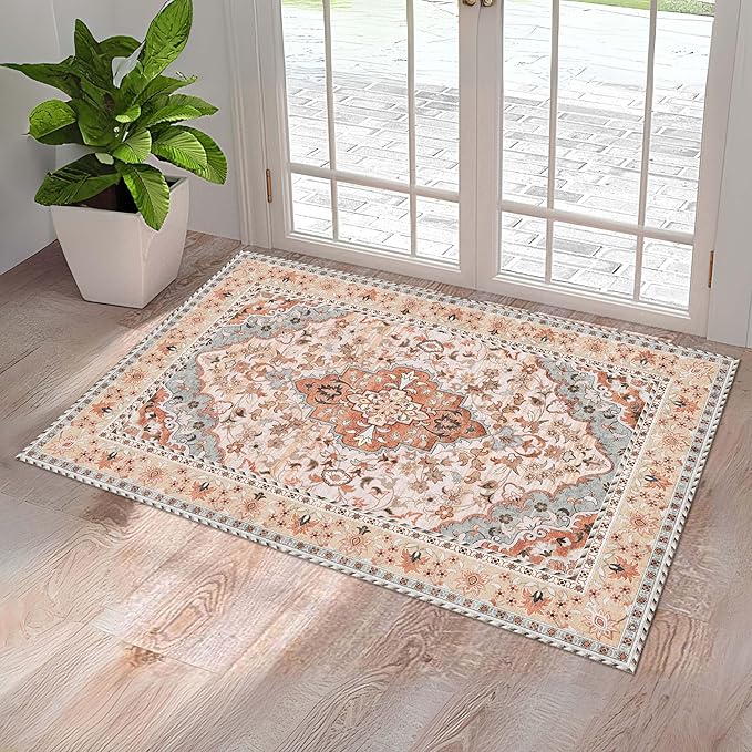 Washable Entryway Rug 3x5 | Non Slip Rug Runners for Hallways, Entryways, Kitchens, Bathrooms, Bedrooms | Ultra-Soft Flannel Carpet Kitchen Rug with Rubber Backing (Rust Blue, 3x5)