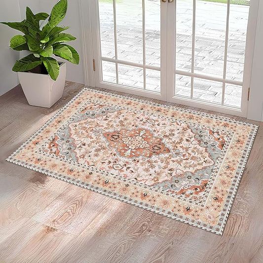 Washable Entryway Rug 3x5 | Non Slip Rug Runners for Hallways, Entryways, Kitchens, Bathrooms, Bedrooms | Ultra-Soft Flannel Carpet Kitchen Rug with Rubber Backing (Rust Blue, 3x5)