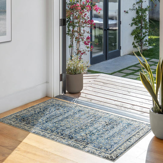 Blue Kitchen Rugs Small Entryway Door Mat Non Slip Washable Boho Vintage Area Rug 2x3