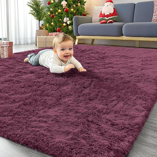OLANLY Area Rugs for Living Room Bedroom, Machine Washable 4x5.9 ft Soft Fluffy Shaggy Bedside Rug, Indoor Floor Carpet for Kids Girls and Boys, Dorms, Nursery Rooms, Home Decor Aesthetic, Burgundy