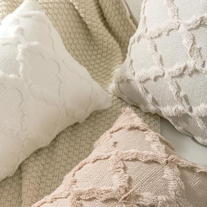 Set of 2 Soft Moroccan Throw Pillow Covers 24x24 Inch Plush Boho Decorative Pillow Cover Accent Cushion Case for Couch Sofa Bed, Cream White