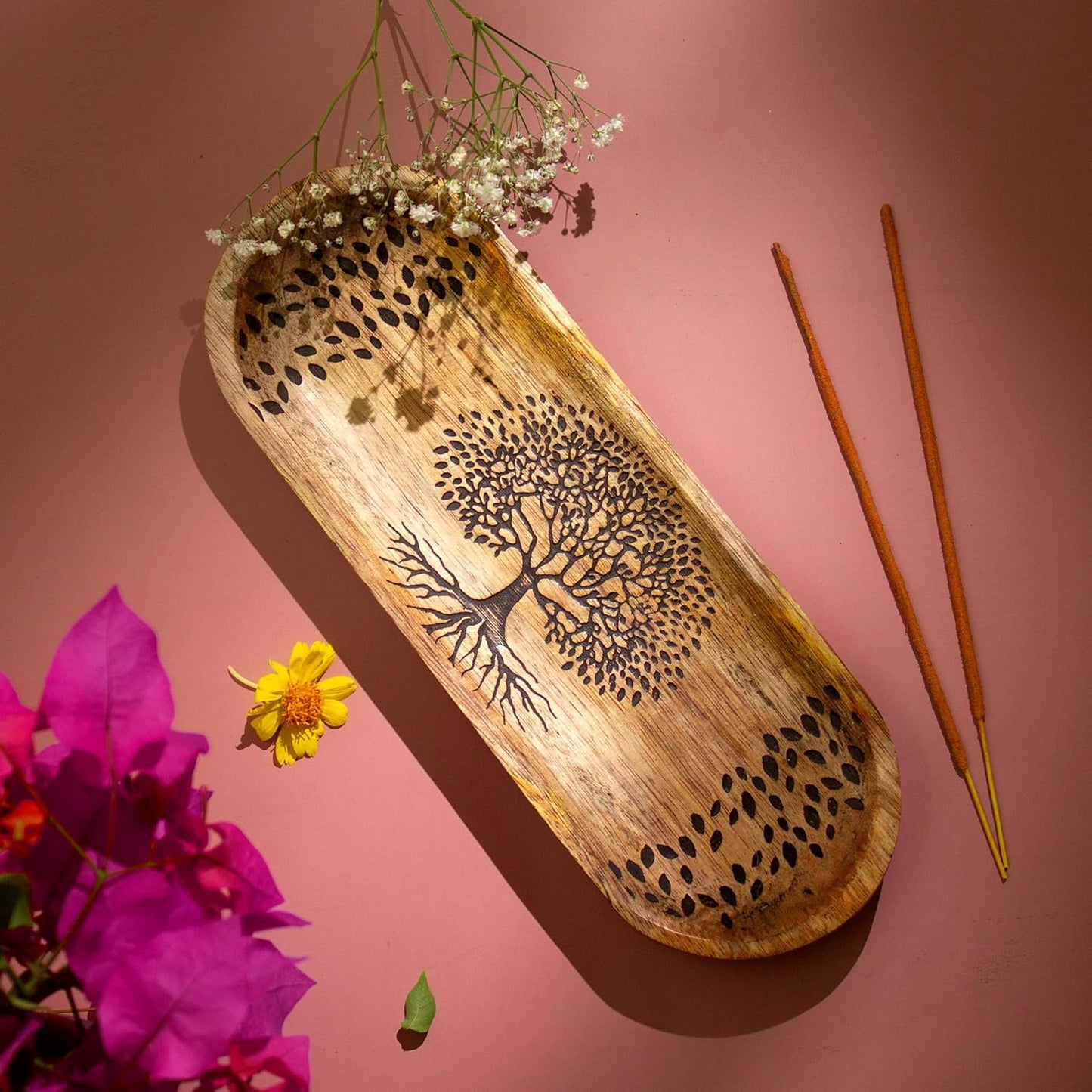 Incense Holder for Sticks Hand Carved - Tree of Life - Incense Burner/Ash Catcher- Handmade Wooden Insence Tray – Modern Gift Home/Room/Kitchen Décor 11x4x1.5 Inch