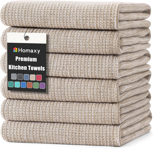 Homaxy Premium Kitchen Towels(18”x 28”, 6 Pack), Large Cotton Kitchen Hand Towels, Flat and Terry Dish Towels, 380 GSM Highly Absorbent Tea Towel Set with Hanging Loop, Khaki