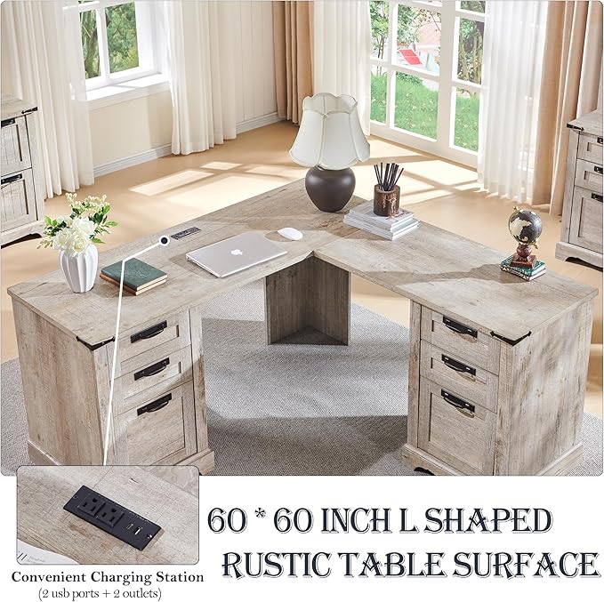 RedLemon 60" Farmhouse L Shaped Executive Desk with Drawers, Wood Home Office Corner Desk with Charging Station, File Drawer, Storage Cabinet, Rustic Computer Writing Desk (Light Rustic Oak)