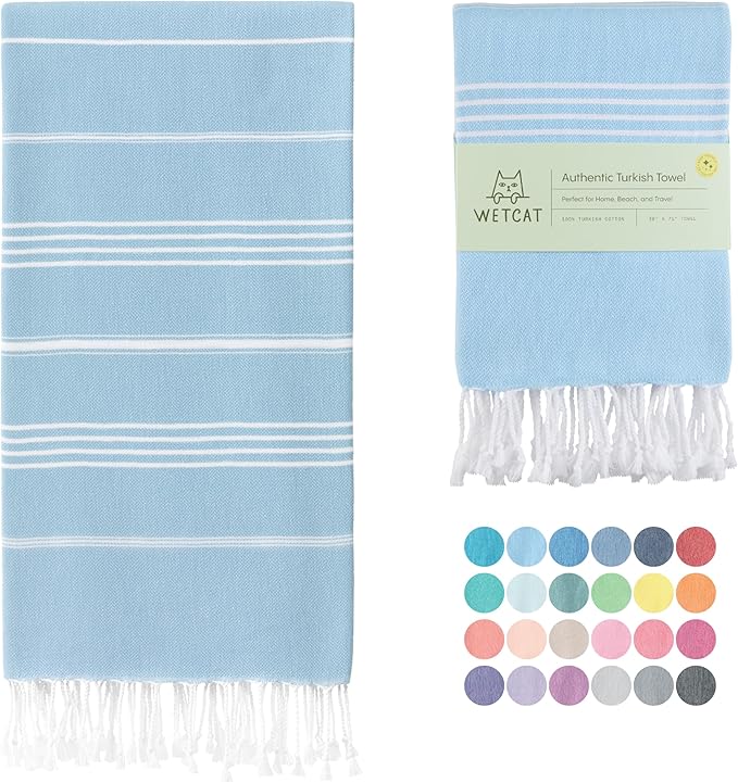 WETCAT Turkish Beach Towel Oversized (38"x71") 100% Turkish Cotton, Made in Turkey - Sand Free, Extra Large, Ultra Soft, Quick Drying, Compact & Lightweight for Travel - Light Blue