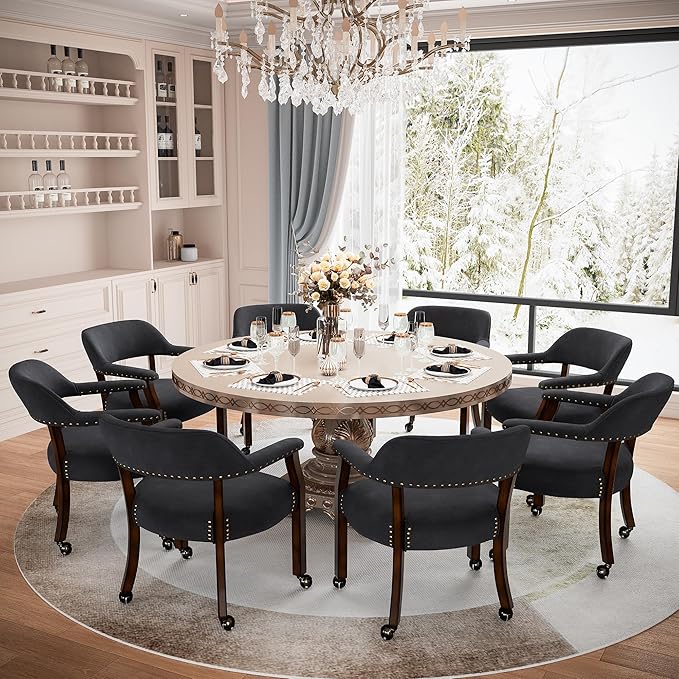MODERION Dinning Chairs with Wheels and Arms Set of 8, Solid Wood Office Desk Chairs with Frosted Velvet Upholstered, Classic Swivel Accent Chairs, 31.5" H Boss Caption's Chair, Black, XXY-HT22-BK