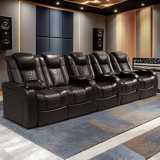 Home Theater Seating, Living Room, Heat & Massage, Powered Headrest, Powered Lumbar, Italian Leather, Powered Recline, Single Recliner (Coffee Color, Row of 5 Loveseat Left)