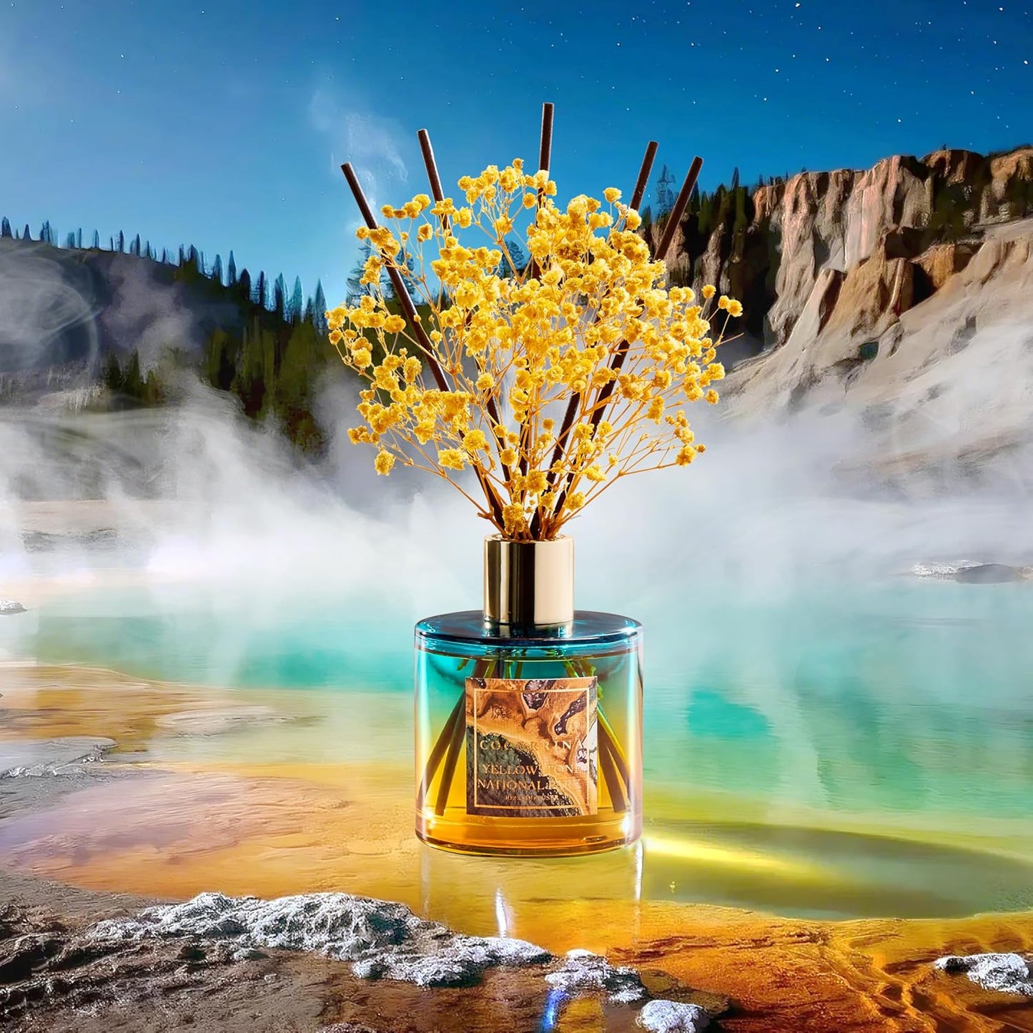 COCORRÍNA Reed Diffuser - Yellowstone National Park 6.7 Fl.oz Reed Diffuser Set with 8 Sticks & Preserved Baby's Breath, Reed Diffuser for Home Bathroom Shelf Decor