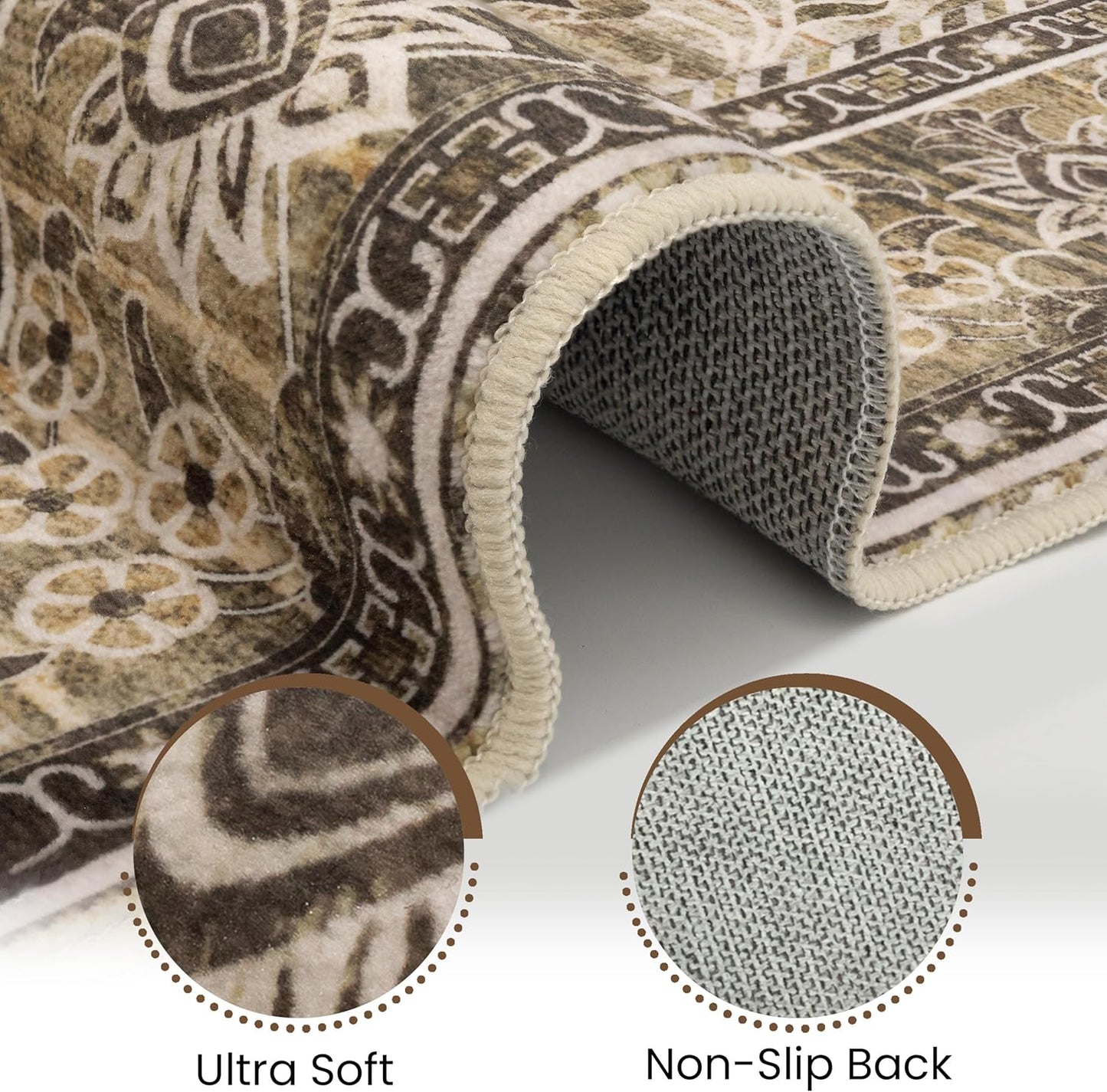 Washable Area Rug 5x8 | Non Slip Area Rug for Living Room, Bedrooms, Dining Room | Ultra-Soft Flannel Carpet Area with Rubber Backing (Sage Grey Brown, 5x8)