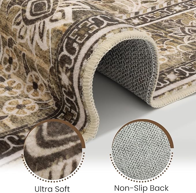 Washable Runner Rug 2x6 | Non Slip Rug Runners for Hallways, Entryways, Kitchens, Bathrooms, Bedrooms | Ultra-Soft Flannel Carpet Runners with Rubber Backing (Sage Grey Brown, 2x6)
