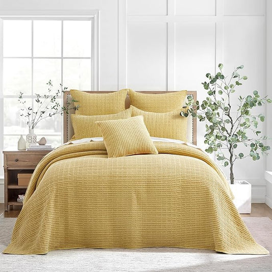Levtex Home Mills Waffle Queen Bedspread Set (106x106in) with 2 Pillow Shams (26x20in) - Ochre - Cotton Waffle Queen Size Bedspread Set - Lightweight, Soft, Pre-Washed