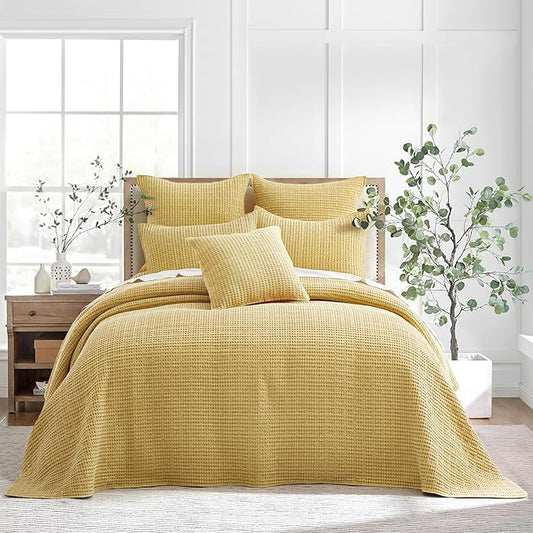 Levtex Home Mills Waffle Twin Bedspread Set (84x104in) with 1 Pillow Sham (26x20in) - Ochre - Cotton Waffle Twin Size Bedspread Set - Lightweight, Soft, Pre-Washed