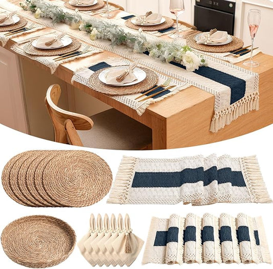 6 Sets Boho Placemats Round Woven Placemats, Cloth Napkins, Wood Bead Napkin Rings, Long Table Runner and Farmhouse Rustic Natural Burlap Cotton for Kitchen Dining Table Home (Blue)