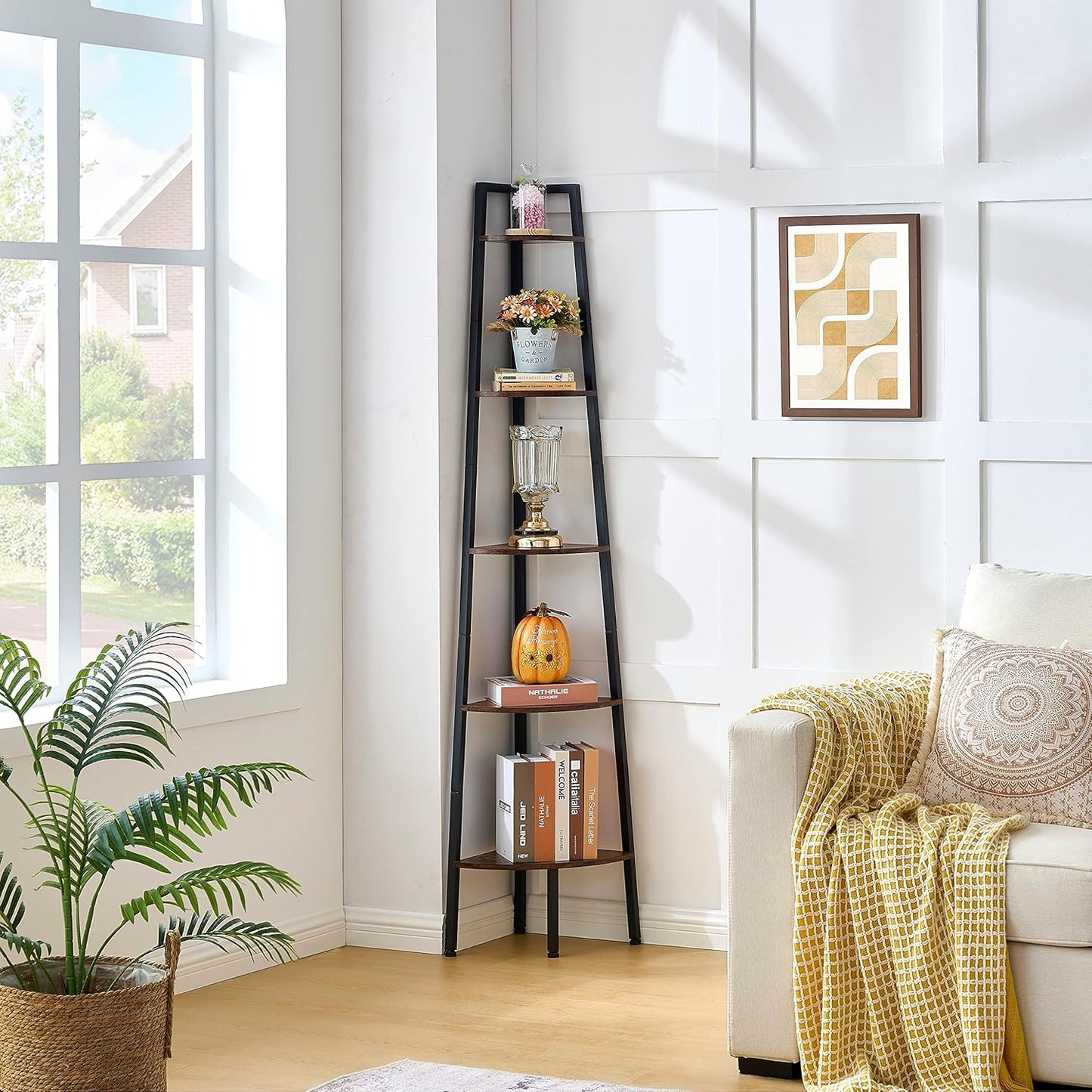 Hoctieon Corner Shelf, 5-Tier Corner Bookshelf, Rustic Ladder Shelf, Industrial Display Stand for Living Room, Kitchen, Home Office, Balcony, Small Space, Metal Frame, Rustic Brown