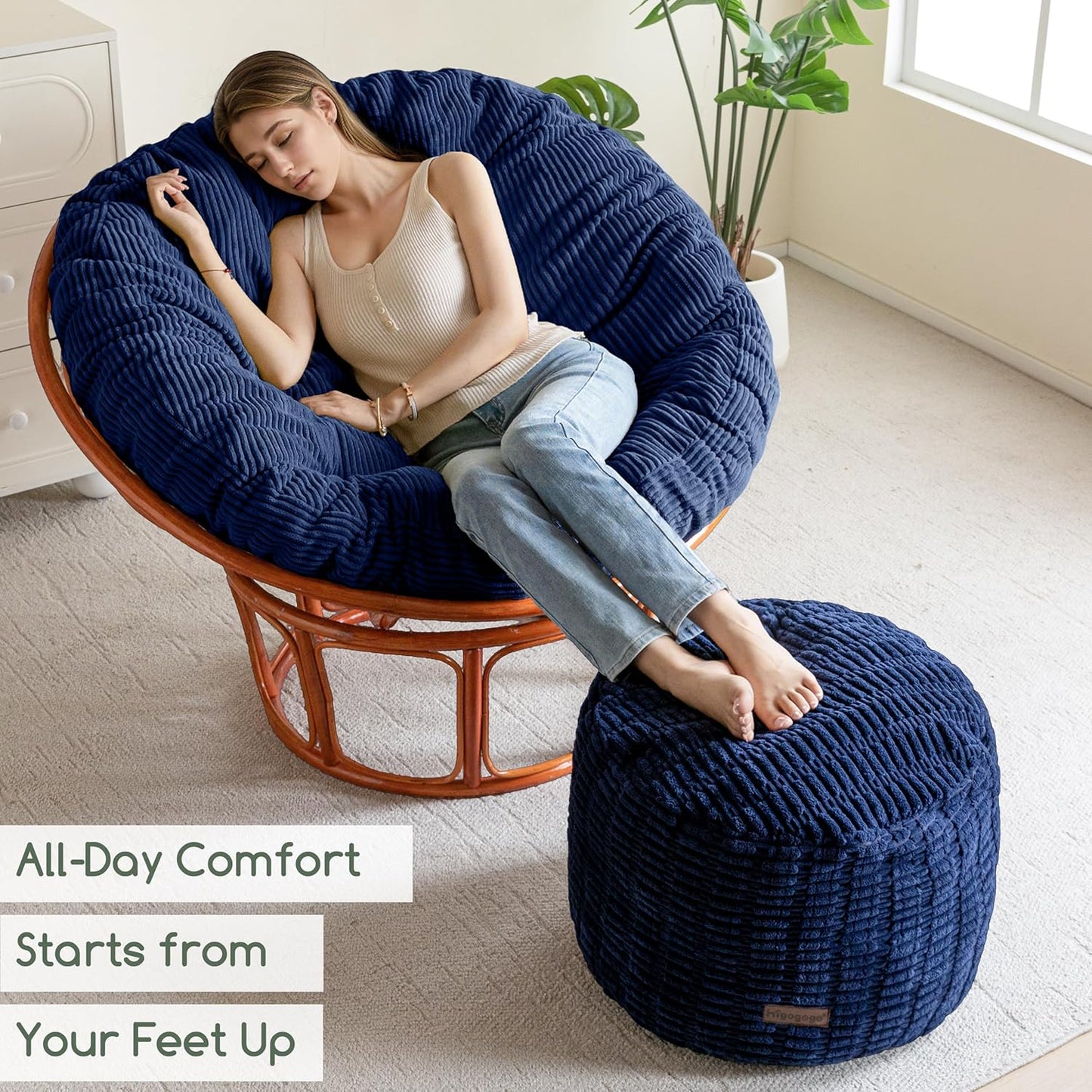 HIGOGOGO Pouf Ottoman Stuffed Round Modern Foam Filled Foot Rest Poufs for Living Room Chair Decorative 20 X 15 Inches Boho Relax Stool for Wedding Christmas Party, Navy Blue