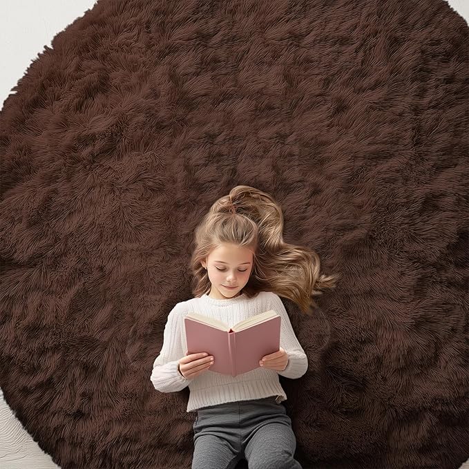 OLANLY Coffee Round Rugs for Bedroom - Machine Washable, 7 ft Circle Area Rugs for Living Room, Soft and Fluffy Shaggy Carpet for Teen Girls and Boys, Nursery Rooms, Dorms, Home Decor Aesthetic