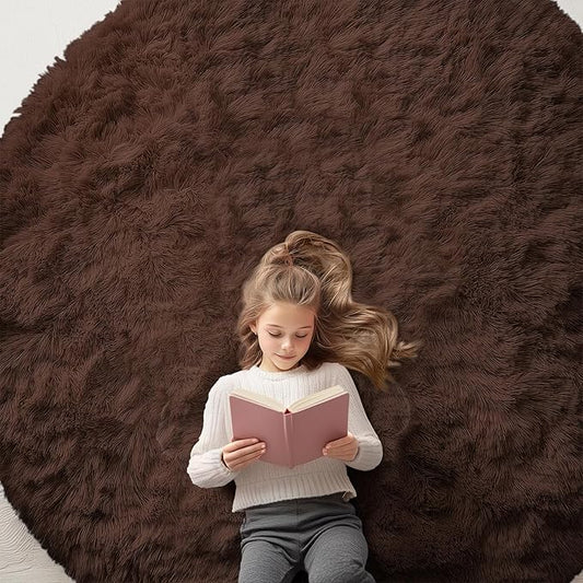 OLANLY Coffee Round Rugs for Bedroom - Machine Washable, 7 ft Circle Area Rugs for Living Room, Soft and Fluffy Shaggy Carpet for Teen Girls and Boys, Nursery Rooms, Dorms, Home Decor Aesthetic