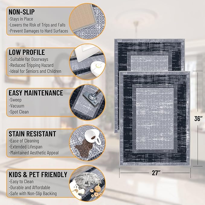 Ottomanson Rugs for Entryway 2'3" x 3' - 2 Pack Non Slip Border Small Area Rugs Durable Front Door Mat Rug Stain Resistant Entrance Rugs for Bathroom Kitchen Bedroom & Living Room, Gray/Navy