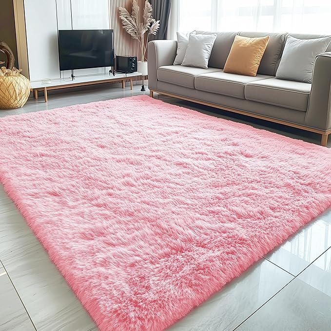 OLANLY 5x8 Machine Washable Large Area Rugs for Living Room, Bedroom, Soft Fluffy Shaggy Bedside Rug, Indoor Floor Carpet for Kids Girls and Boys, Dorms, Nursery, Home Decor Aesthetic, Pink