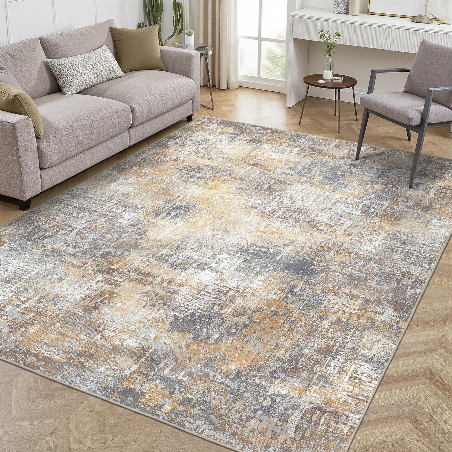Area Rugs 6x9 for Living Room Bedroom, Modern Abstract Machine Washable Rug, Large Soft Low Pile Floor Cover with Non Slip Backing for Dining Room, Warm Beige Mist