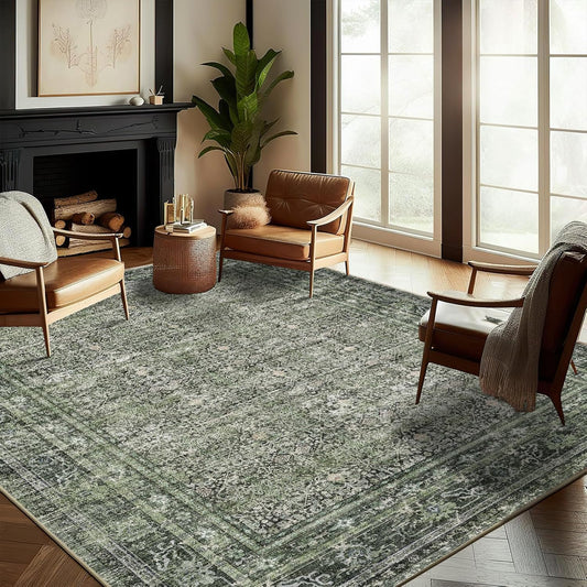 Washable Area Rug 10'x14' Boho Design Non-Shedding Easy Care Ideal for High Traffic Areas in Living Room Bedroom Office Coffee Table Kitchen Large Carpet