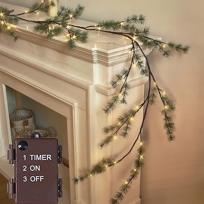 LITBLOOM Lighted Christmas Pine Garland Battery Operated with Timer 6FT 48 Warm White LED Lights for Fireplace Mantle Christmas Holiday Decoration Indoor Outdoor