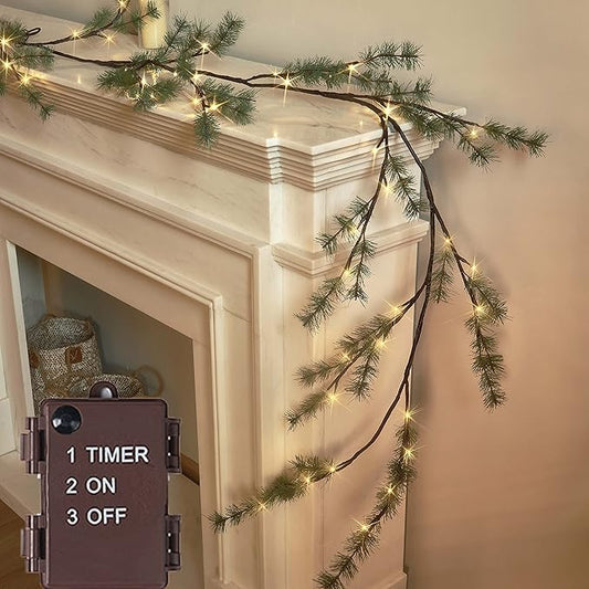 LITBLOOM Lighted Christmas Pine Garland Battery Operated with Timer 6FT 48 Warm White LED Lights for Fireplace Mantle Christmas Holiday Decoration Indoor Outdoor