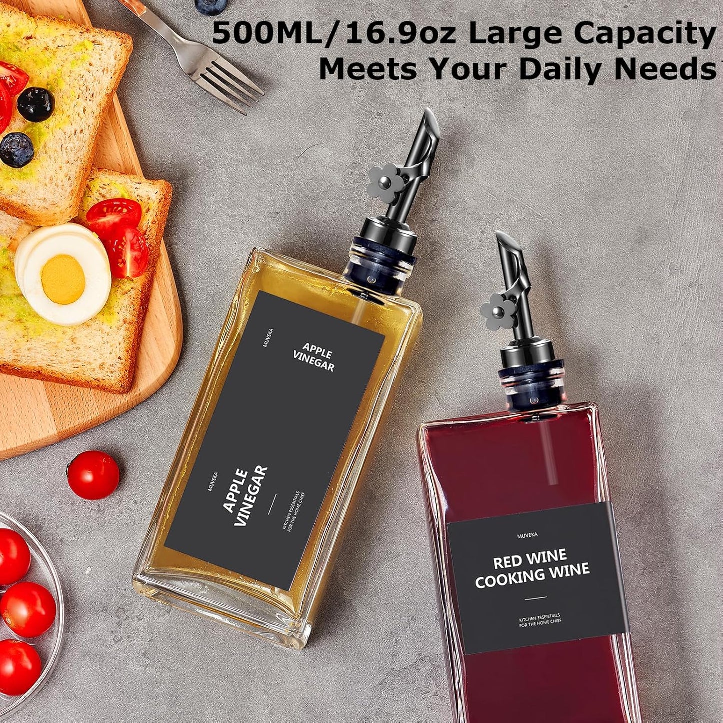 Olive Oil Dispenser Bottle for Kitchen, 16.9 oz/ 500 ml Vinegar Dispenser, Cooking Oil Dispenser Set, Glass Cruet with Pourer Spouts for Vinegar, Coffee Syrup Dispenser