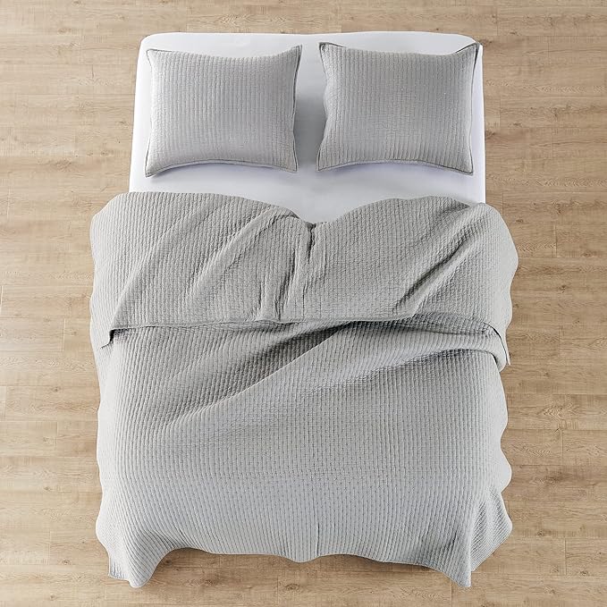 Levtex Home Cross Stitch Reversible King/Cal King Quilt Set (106x92in) and 2 Pillow Shams (36x20in) - Stitch Texture - Light Grey - Cotton King Size Quilt Bedding Set - Lightweight, Soft, Pre-Washed