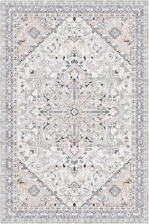 Washable Area Rug 6x9 | Non Slip Area Rug for Living Room, Bedrooms, Dining Room | Ultra-Soft Flannel Carpet Area with Rubber Backing (Beige Blue, 6x9)