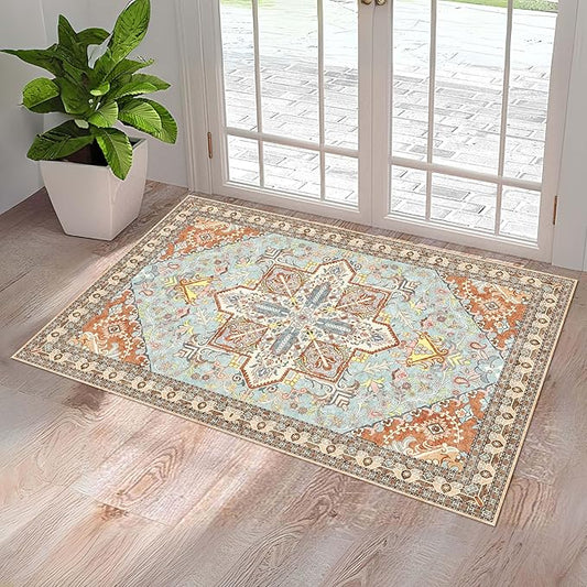 Washable Entryway Rug 3x5 | Non Slip Rug Runners for Hallways, Entryways, Kitchens, Bathrooms, Bedrooms | Ultra-Soft Flannel Carpet Kitchen Rug with Rubber Backing (Light Teal/Rust, 3x5)
