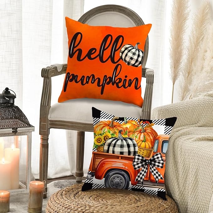 JioJio Chan Fall Decorative Pillow Covers 18x18 - Set of 4 Pumpkin Autumn Throw Plaid Decorations Pillow Covers for Couch Sofa, Fall Thanksgiving Decor for Home Bedroom Living Room Outdoor