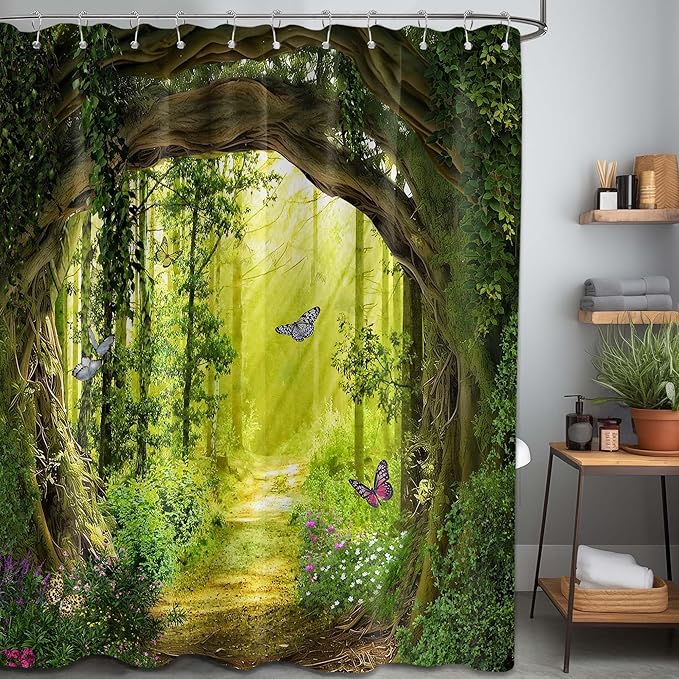 Tree Shower Curtain Green, Nature Garden Shower Curtain Outdoors Scene Shower Curtains for Bathroom, Enchanted Forest Scenic Bathroom Decor Sets, Waterproof Fabric with Hooks (70''W x 84''L)
