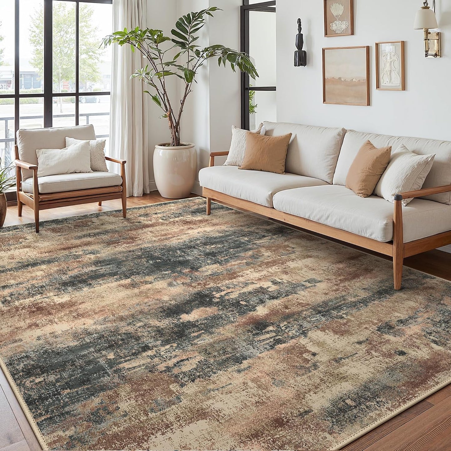 Area Rugs 6x9 for Living Room Bedroom, Modern Abstract Machine Washable Rug, Large Soft Low Pile Floor Cover with Non Slip Backing for Dining Room, Stone Rust