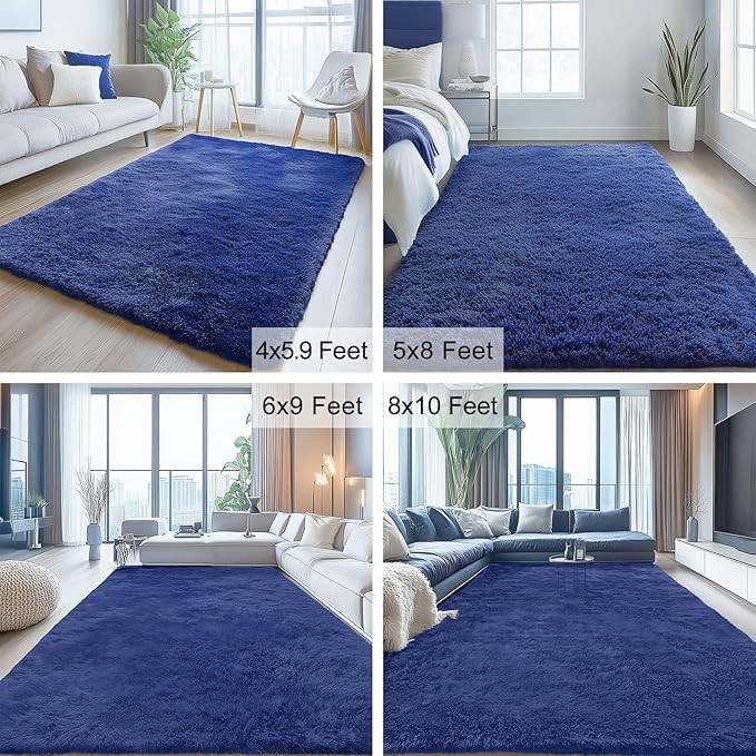 OLANLY 3x5 Machine Washable Small Bedside Rug, Soft Fluffy Shaggy Rugs for Living Room, Bedroom, Indoor Floor Carpet for Kids Girls and Boys, Preppy Dorms, Nursery, Home Decor Aesthetic, Navy Blue