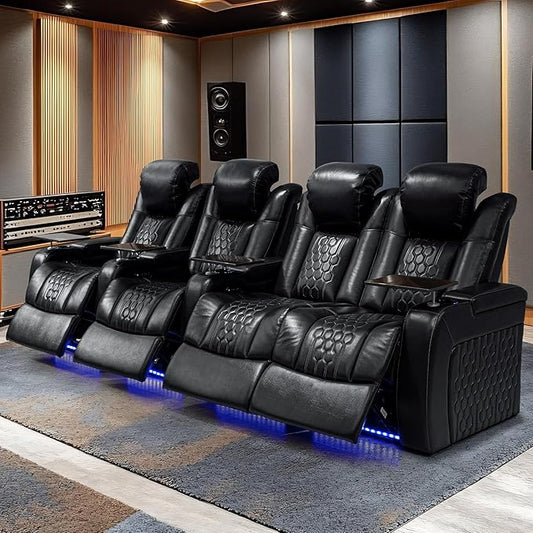 Home Theater Seating, Living Room, Powered Headrest, Powered Lumbar, Italian Leather, Powered Recline, Single Recliner (Black, Row of 4 Loveseat Right)