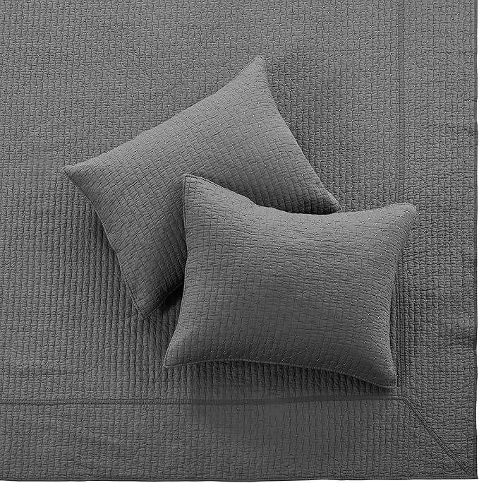 Levtex Home Cross Stitch Reversible Queen Bedspread Set (104x106in) with 2 Pillow Shams (26x20in) - Stitch Texture - Charcoal - Cotton Queen Size Bedspread Set - Lightweight, Soft, Pre-Washed