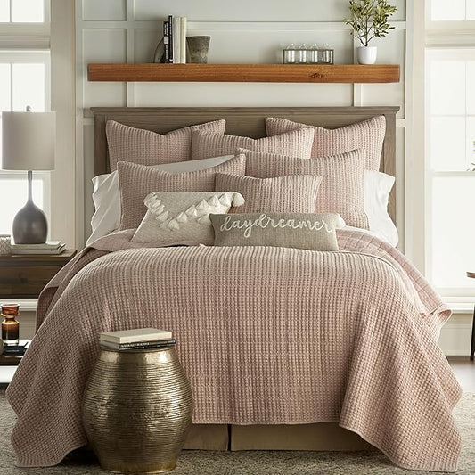 Levtex Home Mills Waffle Full/Queen Quilt Set (88x92in) with 2 Pillow Shams (26x20in) - Blush - Cotton Waffle Full/Queen Size Quilt Bedding Set - Lightweight, Soft, Pre-Washed