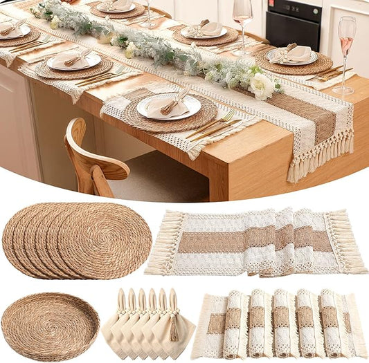 6 Sets Boho Placemats: Round Woven, Rectangular Boho, Wooden Bead Napkin Rings, Cloth Napkins, Long Table Runner & Storage Basket - Natural Burlap Cotton for Kitchen Dining Table Home