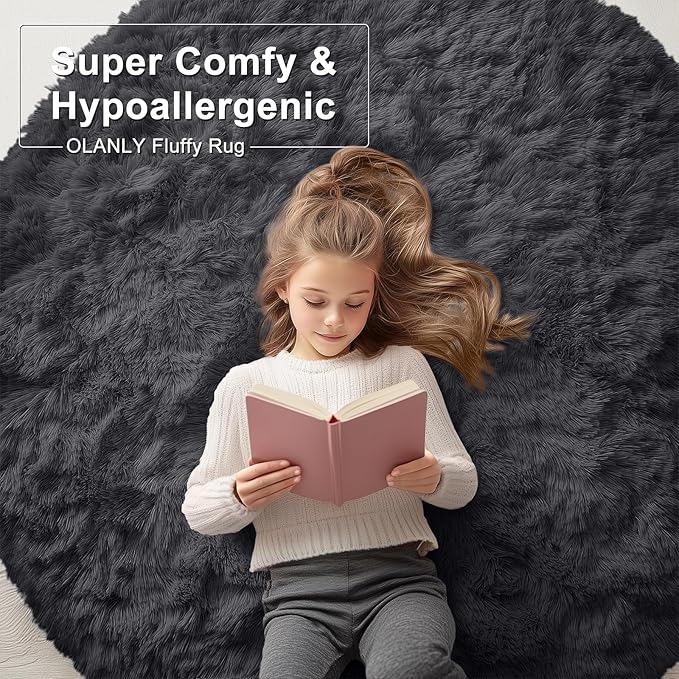 OLANLY Black Round Rugs for Bedroom - Machine Washable, 4 ft Circle Area Rugs for Living Room, Soft and Fluffy Shaggy Carpet for Teen Girls and Boys, Nursery Rooms, Dorms, Home Decor Aesthetic