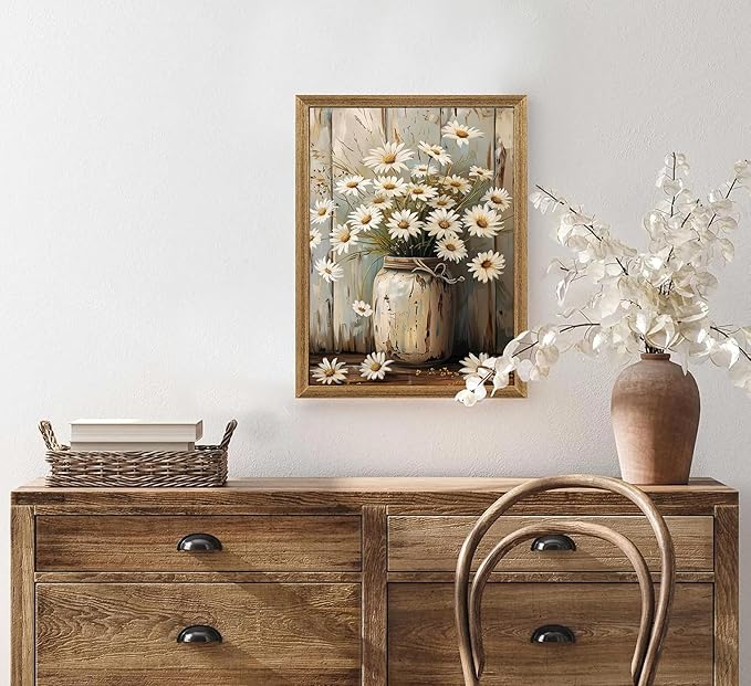 Rustic Farmhouse Daisy Flower Canvas wall art Vintage Country Floral Poster Print Artwork Modern Still Life Nature Botanical Wall Decor for Bedroom, Living Room Bathroom Scene Furniture Decoration