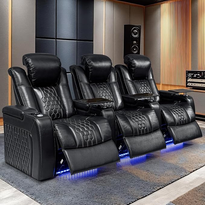 Home Theater Seating, Living Room, Powered Headrest, Powered Lumbar, Italian Leather, Powered Recline, Single Recliner (Black, Row of 3)
