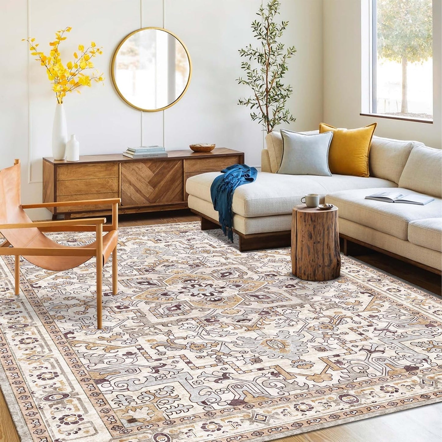 Washable Area Rug 4x6 | Non Slip Area Rug for Living Room, Bedrooms, Dining Room | Ultra-Soft Flannel Carpet Area with Rubber Backing (Yellow Beige, 4x6)