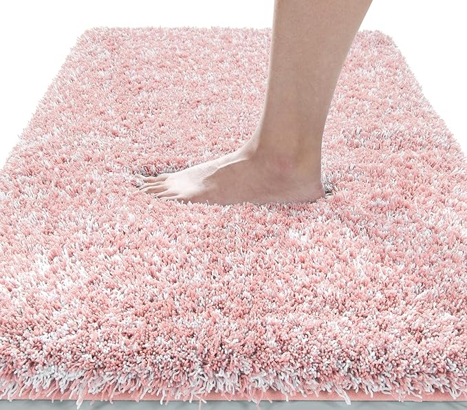 Yimobra Luxury Bathroom Rugs, Fluffy Bath Mats, Non Slip, Water Absorbent Microfiber, Machine Washable, Plush Carpet Shower Rugs, Thick Matts for Bathroom Floor&Tub, 44"x 24", Light Pink and White